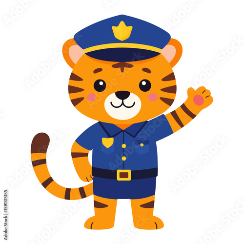 Cute cartoon tiger cub in a blue police officer uniform, standing and waving its paw.