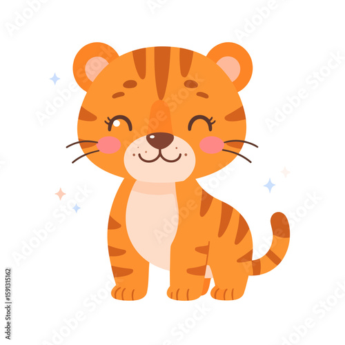 Adorable cartoon tiger cub sitting with a happy winking expression and rosy cheeks.