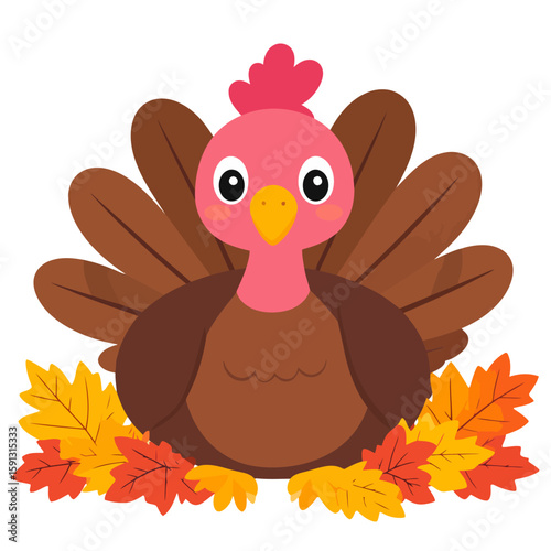 Adorable cartoon Thanksgiving turkey with a pink head and fanned tail feathers, sitting among colorful autumn leaves.