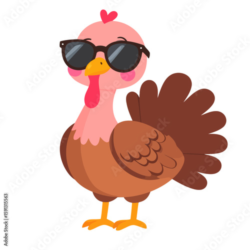 A cool cartoon turkey character wearing black sunglasses, with pink cheeks and brown feathers.