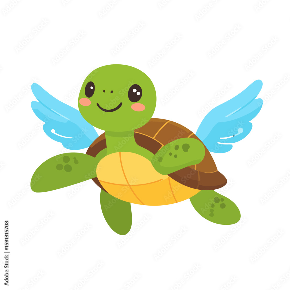 Fototapeta premium A cute cartoon green turtle with a brown shell and small blue wings, smiling happily.