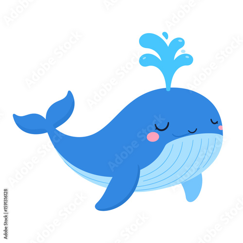 Charming blue cartoon whale with rosy cheeks and a happy expression spouting water.