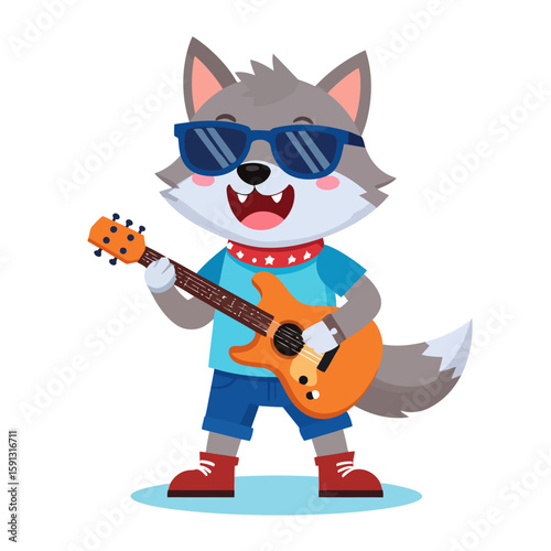 Cool cartoon wolf rockstar with sunglasses playing an orange electric guitar.