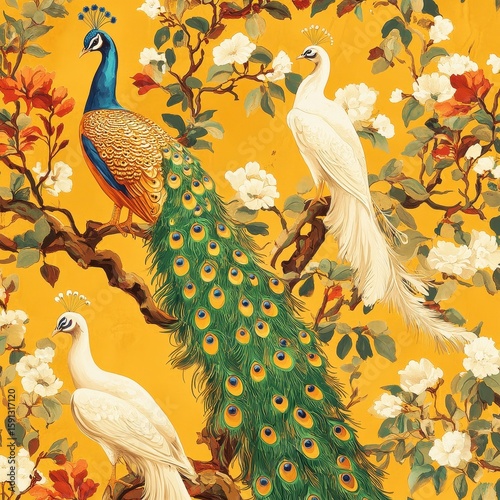 Elegant Peacocks Amidst Blooming Flowers on Vibrant Yellow Background