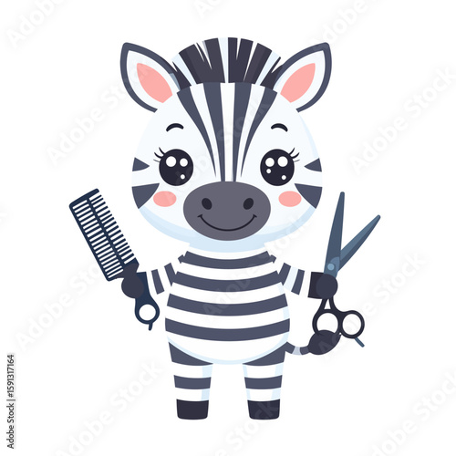 Adorable cartoon zebra hairdresser with a friendly smile holding a comb and scissors