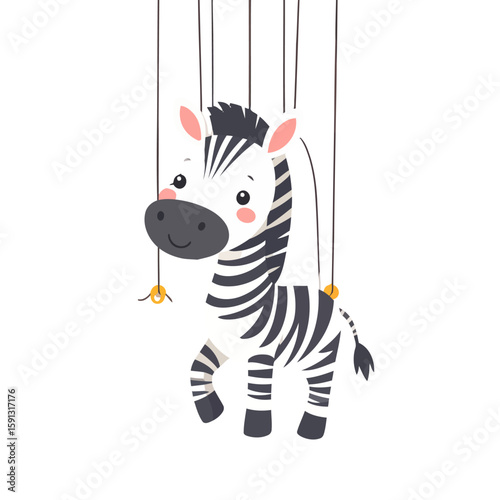 Adorable cartoon zebra marionette puppet with black stripes and a friendly smile, hanging from strings.