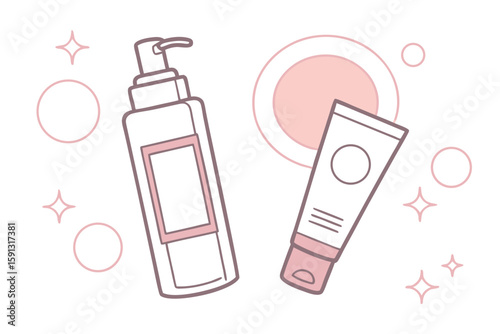 Pink and purple cosmetic bottles with sparkles skincare