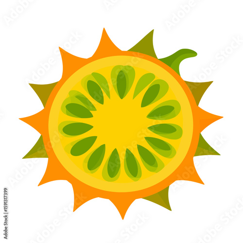 Stylized cross-section of a spiky orange Kiwano melon with vibrant green seeds.