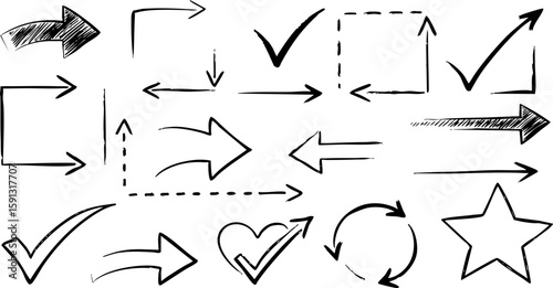 A comprehensive hand-drawn vector illustration set of icons and design elements, including arrows, hearts, and various shapes, in a versatile black silhouette collection for web and business art