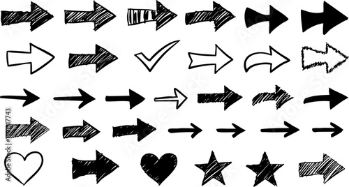 A comprehensive hand-drawn vector illustration set of icons and design elements, including arrows, hearts, and various shapes, in a versatile black silhouette collection for web and business art