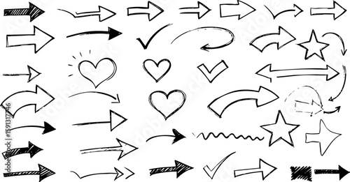 A comprehensive hand-drawn vector illustration set of icons and design elements, including arrows, hearts, and various shapes, in a versatile black silhouette collection for web and business art