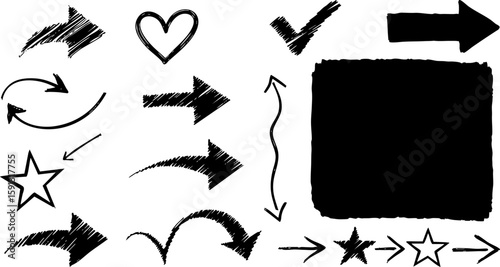 A comprehensive hand-drawn vector illustration set of icons and design elements, including arrows, hearts, and various shapes, in a versatile black silhouette collection for web and business art