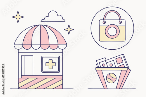 Pink and yellow shop with shopping bag and tickets