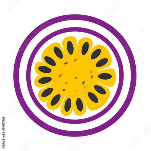 Stylized flat design icon of a passion fruit cross-section with purple rind and yellow pulp.
