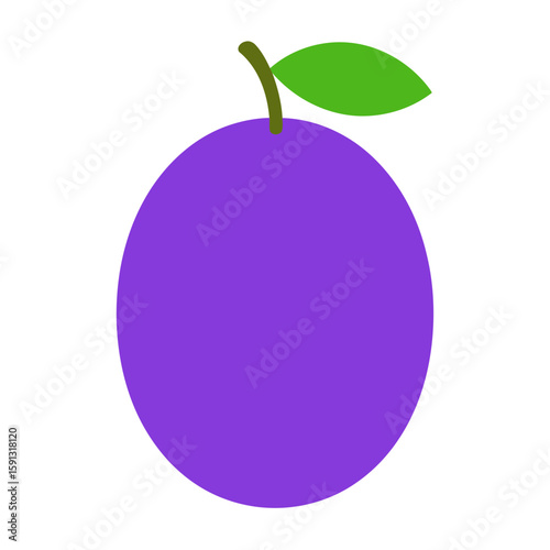 A simple, flat design illustration of a vibrant purple plum with a single green leaf and a small brown stem.
