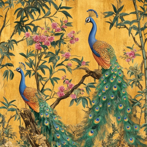 Elegant Peacocks Among Blooming Flowers in a Golden Landscape