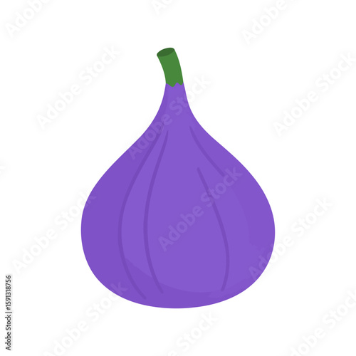 Stylized purple fig illustration with a teardrop shape and short green stem.