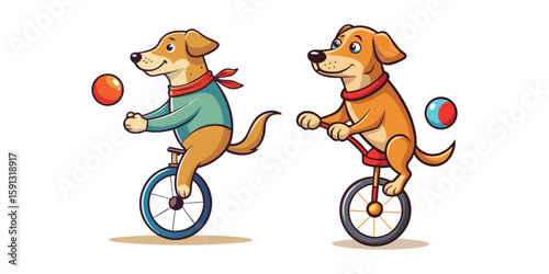 Funny Cartoon Labrador Balancing Ball on Nose While Riding Unicycle – Comical Vector Dog Illustration for Kids Posters, T-Shirts, Stickers, and Pet-Themed Designs