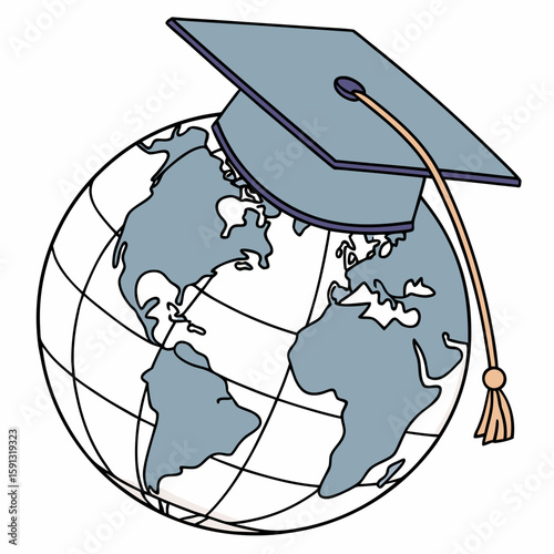 Illustration showing a graduation cap placed on top of a world globe with continents and meridian lines