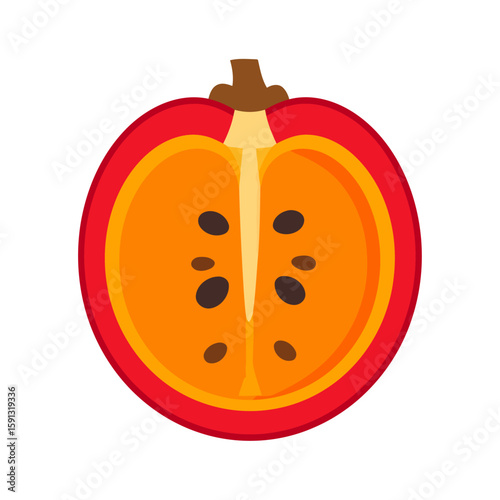 Halved red tamarillo fruit with a brown stem, revealing its orange pulp and dark seeds in a simple, flat vector illustration.