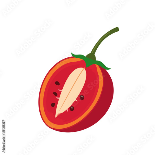 Vibrant red tamarillo fruit, sliced open to reveal its colorful cross-section, seeds, and core.