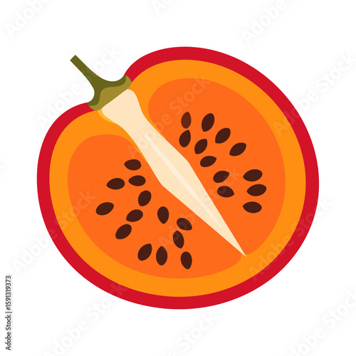 A flat vector illustration of a halved red tamarillo fruit, showing its vibrant orange pulp, dark seeds, and a small green stem.