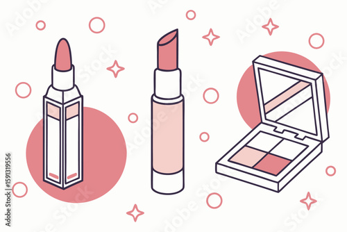 Pink lipstick and compact makeup with decorative elements