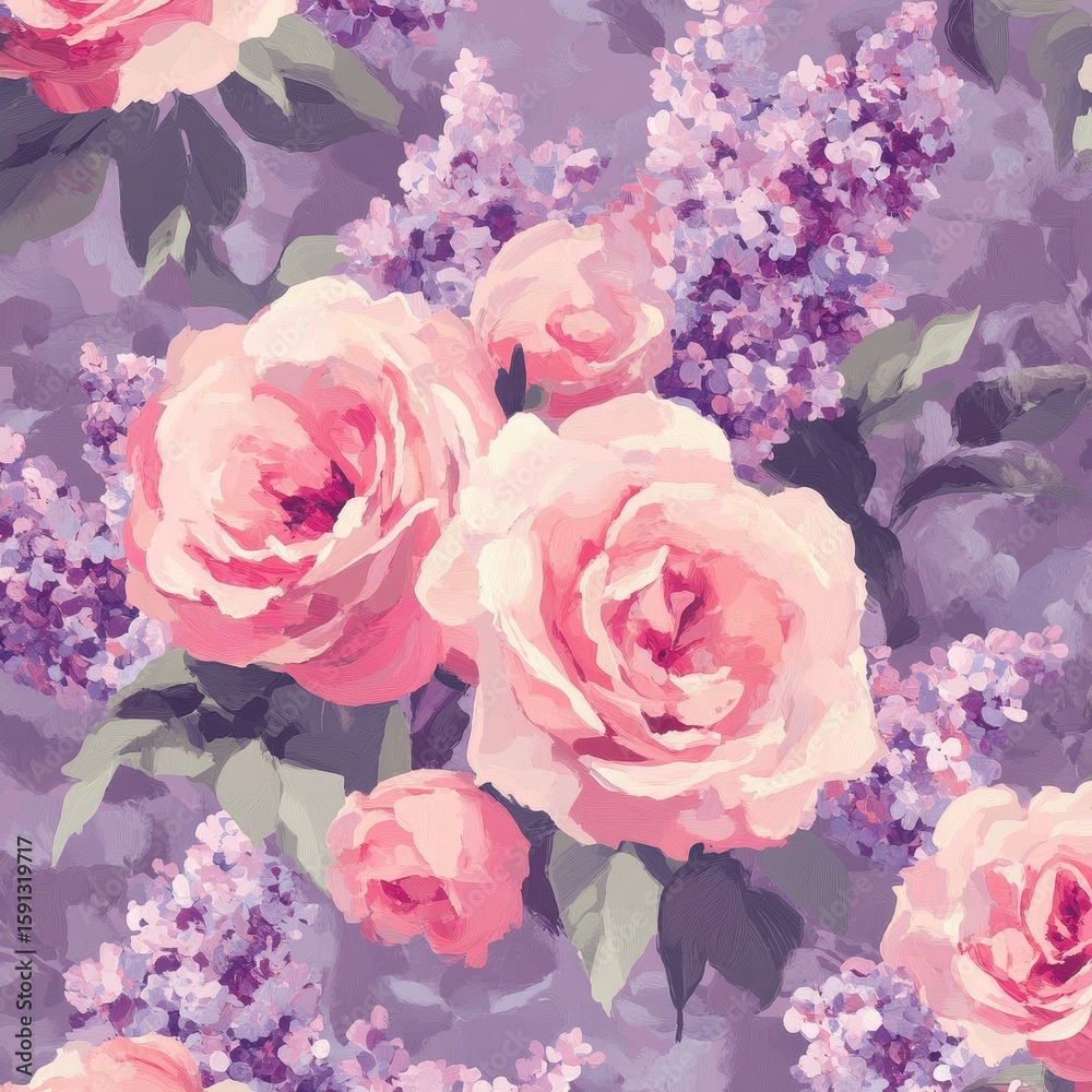 Obraz premium Beautiful Pink Roses and Lilacs on Soft Lavender Background