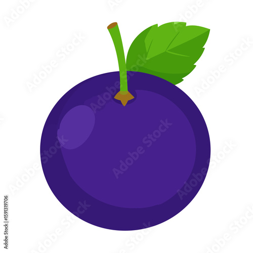 Vibrant purple plum fruit with a green stem and leaf, flat vector illustration.