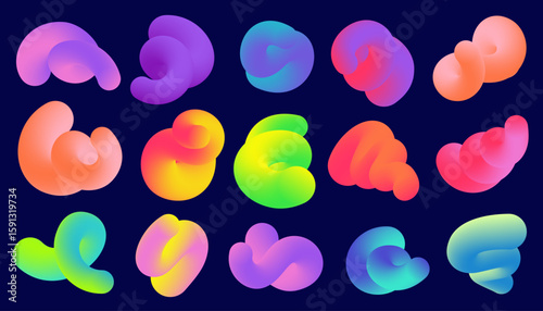 Gradient abstract colored shapes on dark background. Liquid 3d vector elements. Fluid wavy and swirl spirals. Dynamic trendy bright squiggles set with soft gradation for poster design