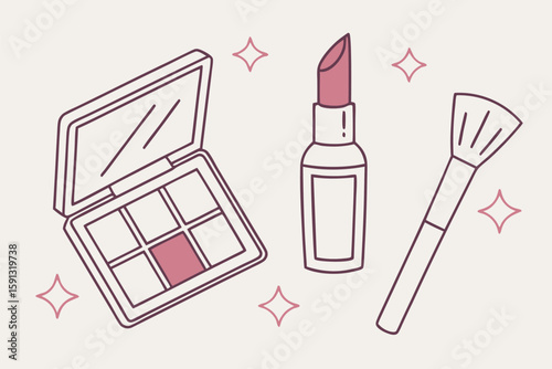 Pink lipstick eyeshadow palette and makeup brush with sparkles