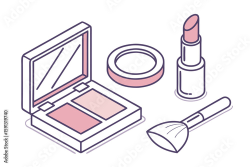 Pink lipstick compact and makeup brush isometric illustration