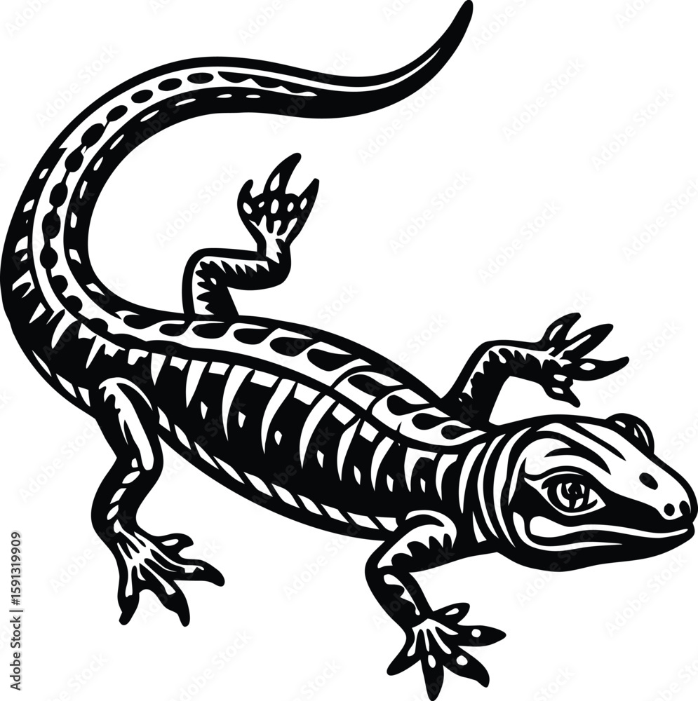 Naklejka premium Black stylized lizard with intricate patterns reptile white