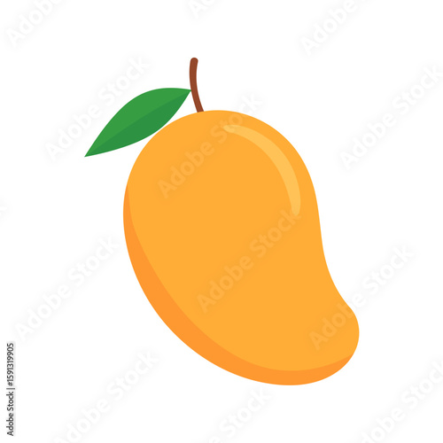 Ripe orange mango with a green leaf and stem, illustrated in a simple, glossy flat style.