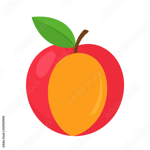 Vibrant cartoon apple illustration with a red body, orange patch, and a single green leaf.