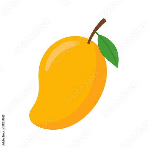 A vibrant yellow mango illustration with a shiny skin, brown stem, and a single green leaf.