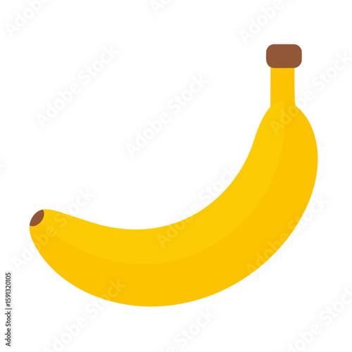 Simple flat design illustration of a single ripe yellow banana with a curved shape and brown stem.