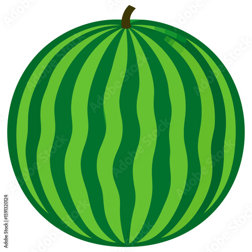 Stylized round watermelon illustration with wavy green stripes and a brown stem.