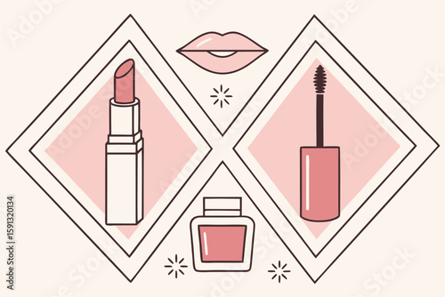 Pink lipstick mascara and perfume bottle illustration