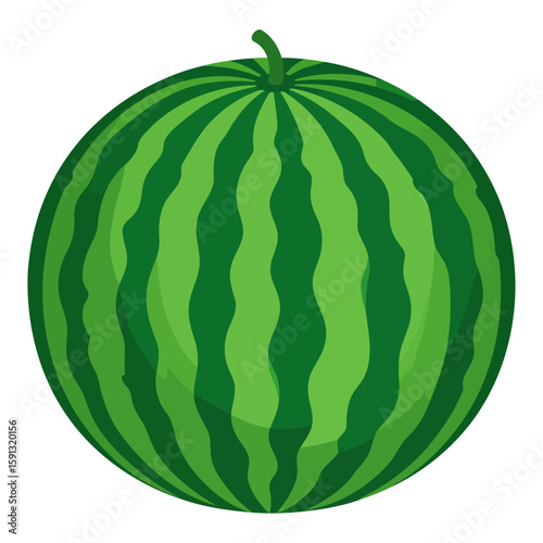 A vibrant cartoon illustration of a whole, round watermelon with a distinctive green striped rind and a small stem.
