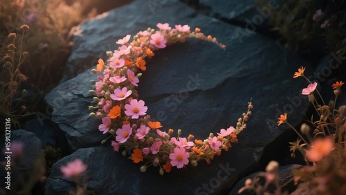 Wallpaper Mural Pink and Orange Wildflowers Forming a Crescent Shape on Dark Stone Background Torontodigital.ca