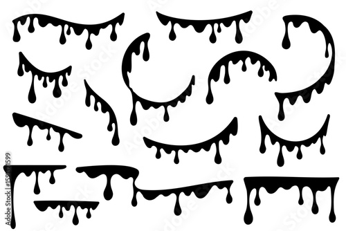 Drips of paint. Vector black liquid splashes on white background. Silhouettes of fluid blobs of sauce caramel and slime isolated on white background