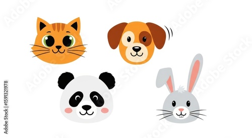 Four cartoon animal heads: an orange cat, a brown and white dog, a panda, and a gray rabbit, all with simple, cute designs.