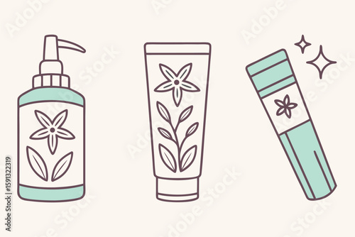 Three skincare bottles with floral designs beauty cosmetic
