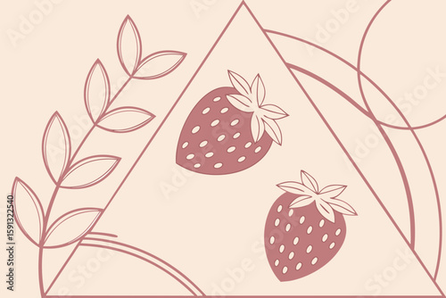 Two stylized strawberries and leaves on a pale pink background