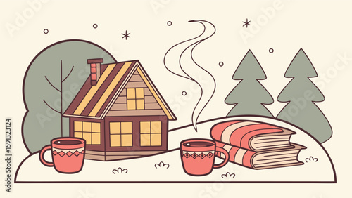 Cozy cabin winter scene illustration:  two mugs of hot cocoa, stacked books, and a charming wood cabin nestled amongst snow-covered evergreens, creating a warm and inviting atmosphere.