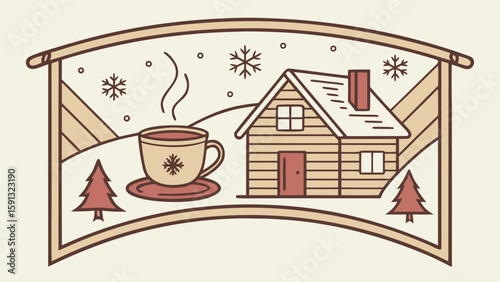 Cozy Cabin Winter Scene:  Warm Drink, Snow Covered House, Minimalist Line Art Illustration, Peaceful Holiday Mood, Perfect for Seasonal Greetings,  Winter Vacation, or Hygge-themed Designs.