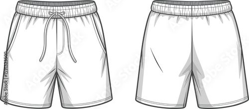 Men's drawstring shorts front and back view, casual fashion cad template, flat technical vector sketch, summer activewear apparel design