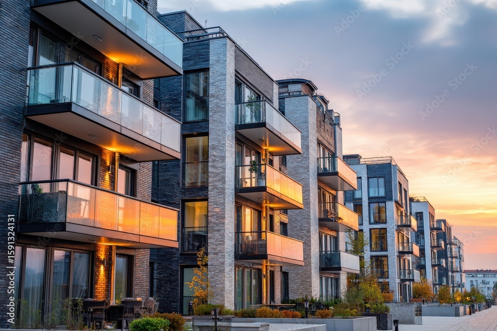 Fototapeta premium Modern apartments shine at sunset with glass balconies and stylish brickwork. Ideal for real estate ads, design projects, or modern urban development concepts.
