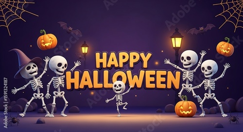 Spooky Season Halloween Skeletons Celebration with Pumpkins and Bats under a Violet Sky